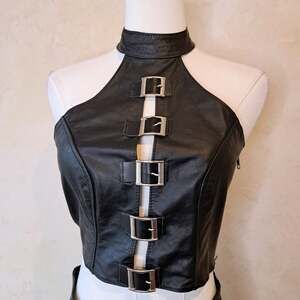 Vintage Y2K Allure Leather Black  Leather Buckle Front Halter Crop Top